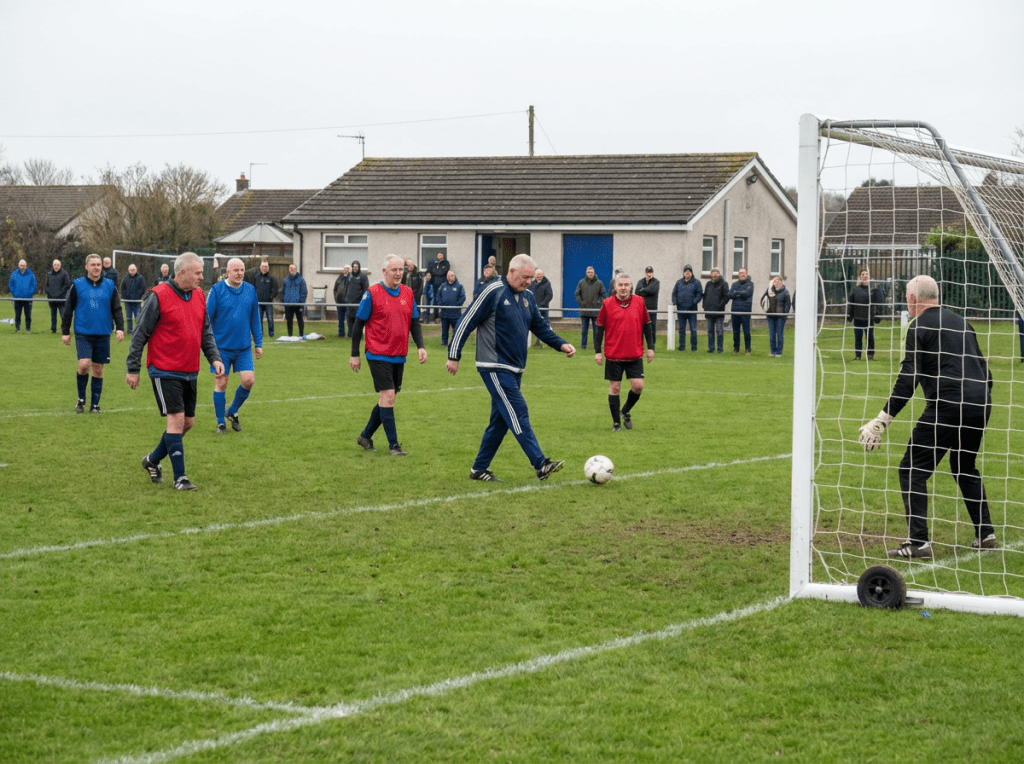 Senior men playing a soccer match on a green field with a goalkeeper in goal.