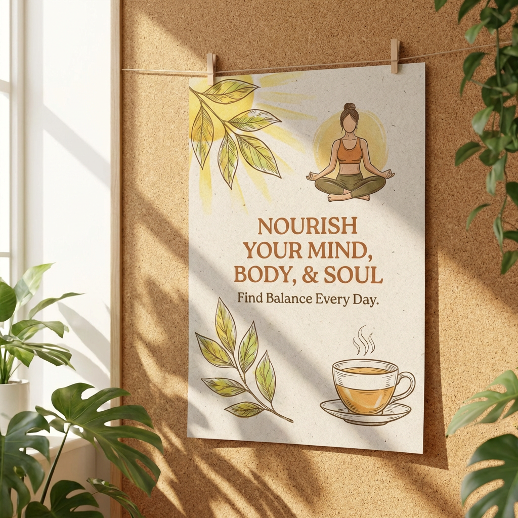 Poster text: NOURISH YOUR MIND, BODY, & SOUL Find Balance Every Day. Illustrations of yoga, tea, and leaves.