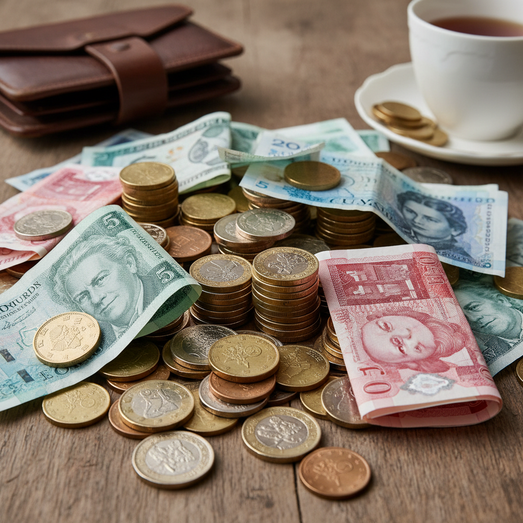 A collection of international banknotes and coins scattered on a wooden table surface.