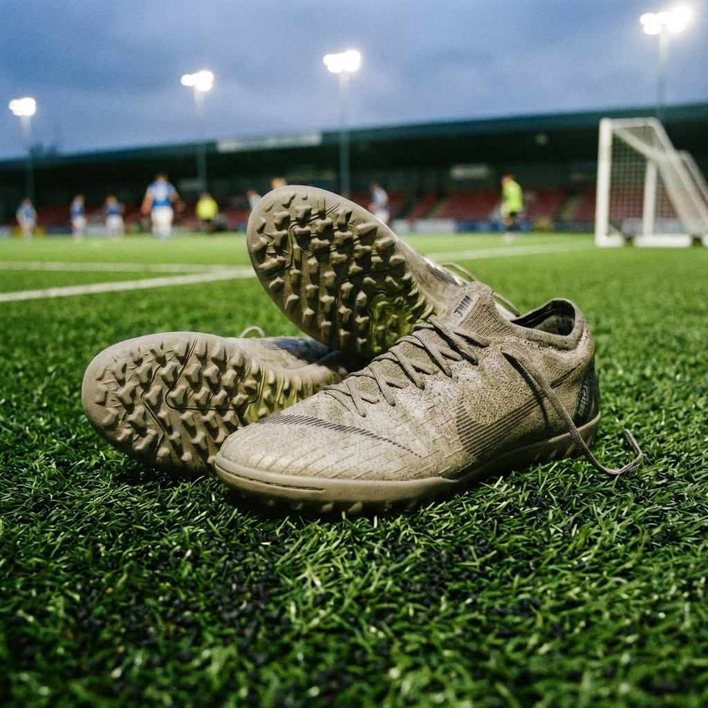 Muddy Nike soccer boots on artificial turf with a blurred football stadium background.